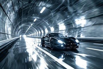 A powerful black sports car accelerates through a modern tunnel, reflecting vibrant lights as it speeds forward against a dark backdrop late at night.