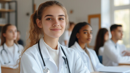 Group of new-generation medical students are studying and listening to anatomy lectures in a medical university classroom,  modern medical hopes for future treatment and healthcare.