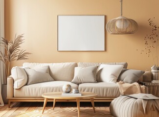 A modern living room with a beige sofa, wooden coffee table, a hanging wicker lamp, and a large framed picture on the wall. The room is decorated in a minimalist style with natural elements