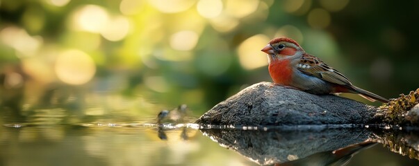 Wall Mural - A finch resting on a rock by a serene pond its reflection visible in the still water as it drinks