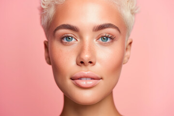 Young woman with perfect skin and blond hair posing on pink background