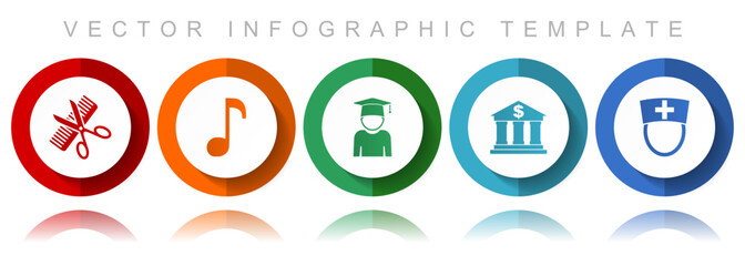 Leinwandbilder - Education vector icon collection, miscellaneous icons such as barber shop, music, study, bank and doctor, flat design infographic template in eps 10