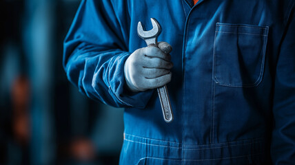 Mechanic Holding Wrench in Workshop