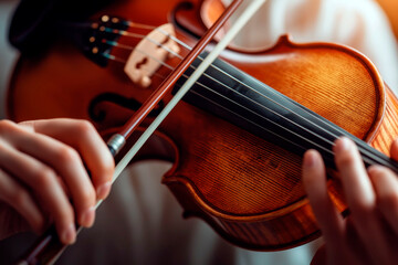 Hands playing the violin with a bow, showcasing intricate musical skill and the warm tones of the wooden instrument