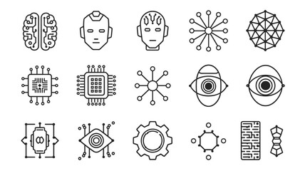 Wall Mural - a collection of technology and ai-themed line icons on a white background, featuring brain, robot fa