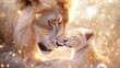 © netrun78 - A lion mother and her baby cuddle in a magical setting adorned with sparkling glitter and softly glowing fairy lights