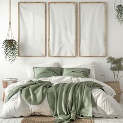 Minimalist bedroom with three blank frames above the bed, green throw, and white bedding, ideal for interior design, mockup, and home decor projects