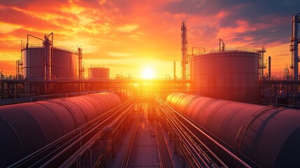 The sun sets behind towering oil storage tanks illuminating the industrial landscape