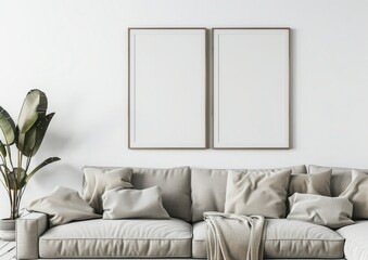 Two empty frames above a cozy couch with throw pillows and a blanket, showcasing a minimalist interior design