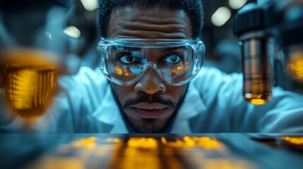 Poster - A focused scientist examines colorful liquid samples through a microscope in a well-equipped laboratory during a research experiment.