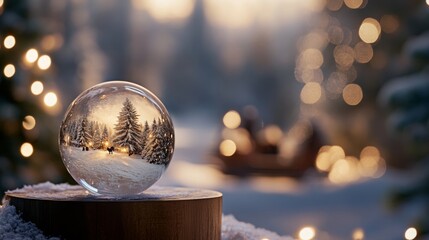 Poster - A snow globe features a peaceful winter scene with snow-covered trees and soft, glowing lights. The warm glow creates a magical atmosphere as the sun sets, inviting feelings of tranquility.