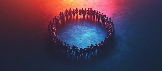 Poster - a large group of people standing in a circle, facing inwards, on a dark blue background with red and