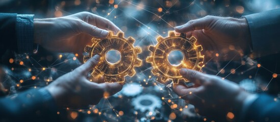 Wall Mural - Two hands holding glowing gears together, symbolizing collaboration and teamwork.
