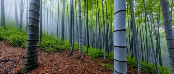 Wall Mural - mysterious bamboo forest a tranquil escape into nature's serenity with towering stalks soft mist and