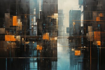 Abstract cityscape  emphasizing geometric shapes and dark lighting for a modern aesthetic