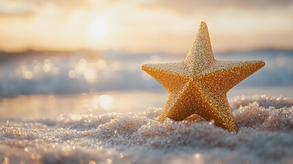 A gold star is sitting on the sand at the beach. The star is surrounded by a lot of sand, and the beach is calm and peaceful. The star is shining brightly, and it seems to be a symbol of hope