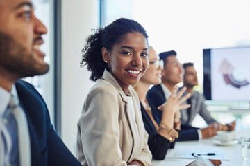 Poster - Portrait, business people and woman in meeting, feedback and seminar with results, review and proposal. Face, group and employee with convention, professional and workshop for corporate training