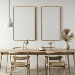 Minimalist dining room interior with two empty picture frames mockup on a white wall. Wooden table and chairs.