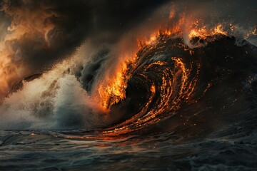 Wall Mural - A vibrant wave rolls in, engulfed in flames at its crest, contrasting with dark storm clouds and ocean waters during a mesmerizing sunset.