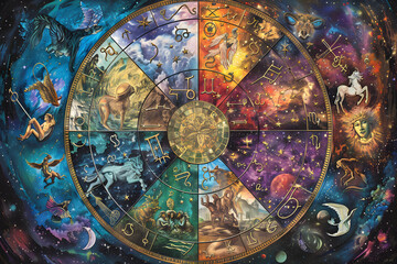 Wall Mural - astrological zodiac symbol chart with detailed constellations and celestial background in artistic c