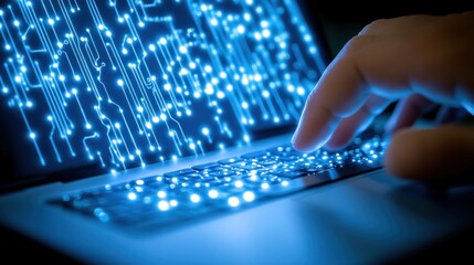 Poster - A Hand Typing on a Laptop with Glowing Circuit Board Background