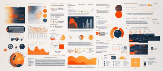 Wall Mural - an infographic with various data visualizations, charts, and graphs with orange and blue color schem