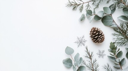 Poster - A decorative arrangement features pine branches, eucalyptus leaves, and a pinecone, accompanied by snowflake cutouts against a soft, light background, capturing a serene winter atmosphere.
