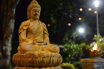 The Buddha statue sits calmly on a pedestal, surrounded by softly glowing lights and lush greenery, embodying peace and tranquility in a nighttime garden atmosphere.