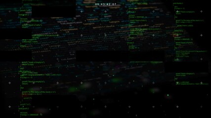 Animation of programming on abstract digital screen. Digital animation of program codes moving against a black background.
