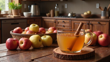  Fresh apple cider with cinnamon stick in rustic kitchen.