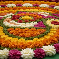 Wall Mural - A detailed close-up image showcasing a traditional Onam Pookalam floral carpet