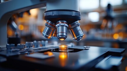 Poster - A microscope is positioned over a clear sample slide, illuminated by warm light in a bustling laboratory. The environment is filled with scientific equipment and tools.