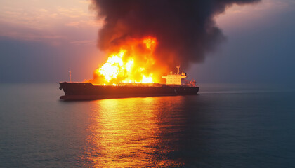 Burning large container cargo ship, fire and smoke above vessel. Generative AI