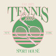 © MdAlImran - Tennis Club, Saint Louis 1954 Club, with two rackets crossed in the middle. Los Angeles tennis club t-shirt design. College-style tee shirt with tennis ball. Sports apparel print. Vector illustration