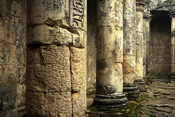 Ancient stone columns in a historical site surrounded by vegetation