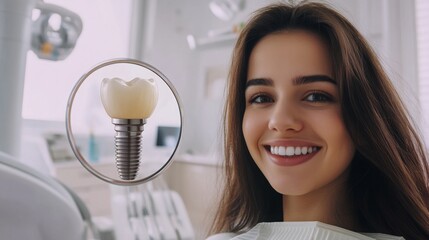 Poster - A young woman displays a bright smile after receiving a dental implant at a modern clinic, radiating confidence and satisfaction. Her dental care reflects a commitment to oral health and aesthetics.