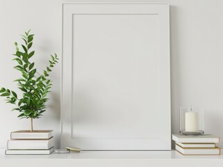 Minimalist interior design with blank picture frame mockup on a white wall. 3D rendering