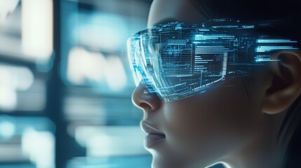Wall Mural - a futuristic glimpse with a person using an advanced virtual reality interface.