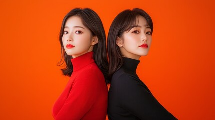 Two young Asian women stand back to back, wearing red and black turtlenecks against a bright orange background. They both have sleek dark hair and bold red lips