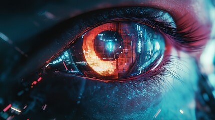 Wall Mural - a close-up of a human eye reflecting digital and technological imagery, symbolizing advanced technol
