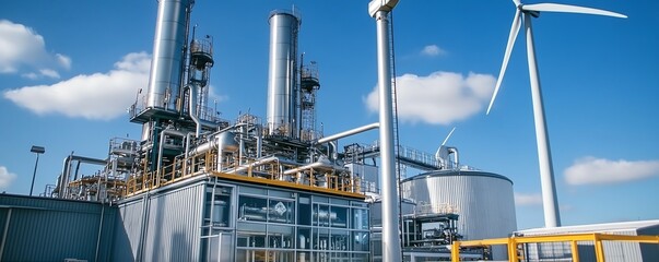 Biofuel processing plant with wind turbines in background, renewable energy