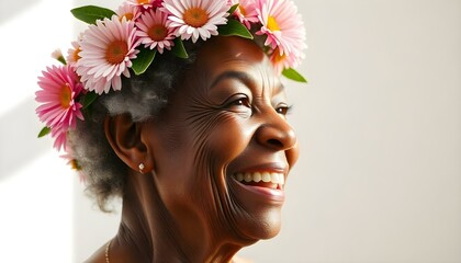 An old African American woman with a serene expression, her face framed by a beautiful floral headpiece composed of soft pastel colors