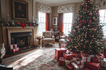 Sticker - Decorated Christmas tree in cozy living room with glowing lights and colorful ornaments, surrounded by wrapped gifts and festive decorations.