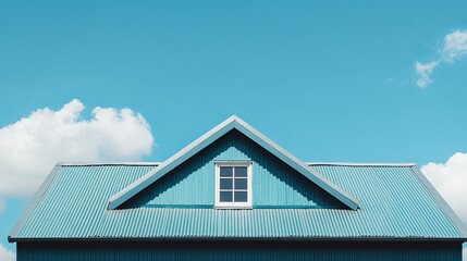 Metal roof with a sloped design and two windows, set against a bright blue sky