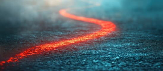Wall Mural - a red glowing line on a textured surface with a blue foggy background.