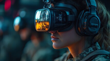 Aufkleber - A service member wearing a VR headset is focused on a training simulation, surrounded by fellow trainees in a dimly lit environment.