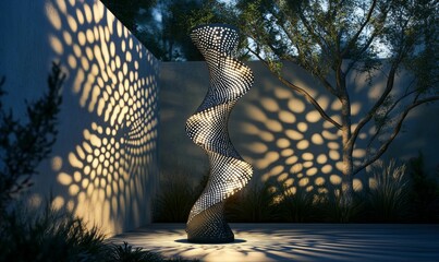 Wall Mural - A perforated light sculpture casts shadows in a garden.