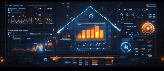Wall Mural - a futuristic hud with a house symbol in the center surrounded by data and graphs.
