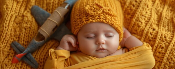 Peacefully sleeping infant wrapped in warm blankets, wearing a knitted pilot hat, surrounded by soft, yellow fabric. Free copy space for text.