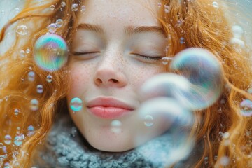 Redhead haired woman blowing bubbles in the air